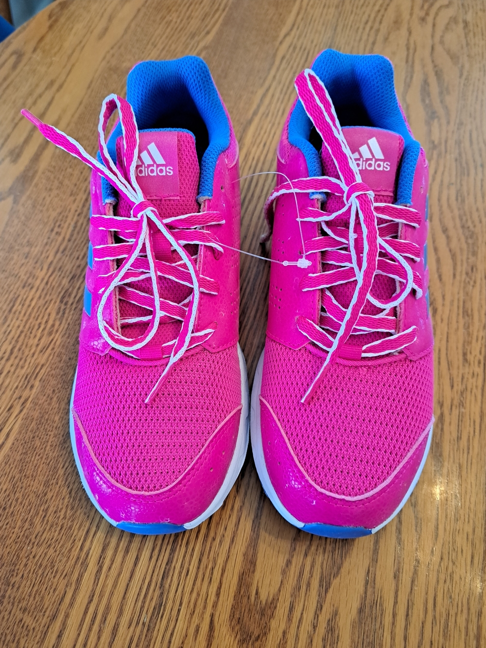Youth 4, Fits Ladies 6,Adidas Bright Pink Athletic Sneakers with Blue Accents